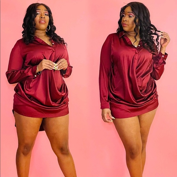 LONG SLEEVE SATIN HIGH LOW SOLID WINE BURGUNDY DROPPED BUTTON DOWN SHIRT DRESS - Picture 6 of 7